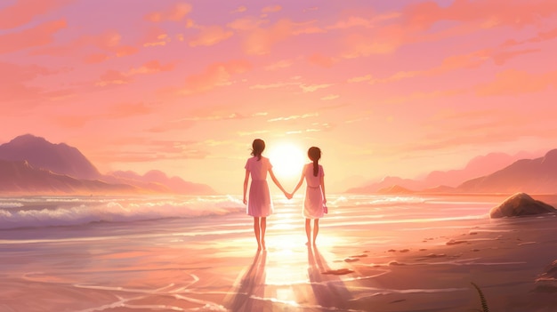 Две девушки идут по пляжу, держась за руки