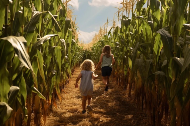 two girls walking in a corn field with the sun shining on them.
