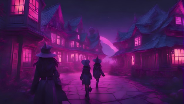 Two girls walking in front of a haunted house in a foggy night