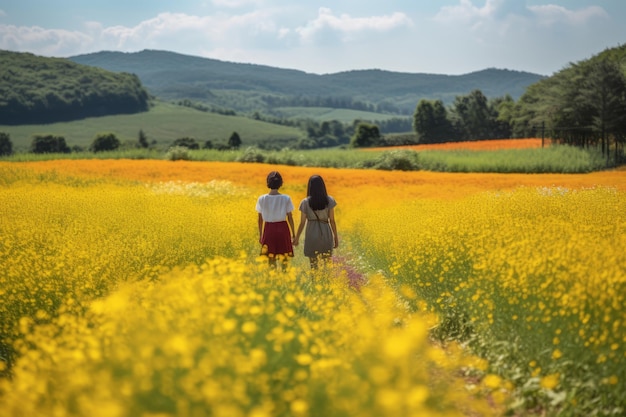 Two girls walking through a field of flowers