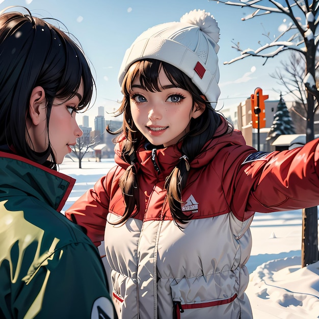 two girls walking on winter street