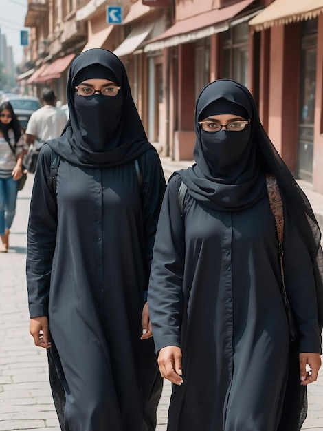 Two girls wearing burqas and wearing glasses are walking down the street