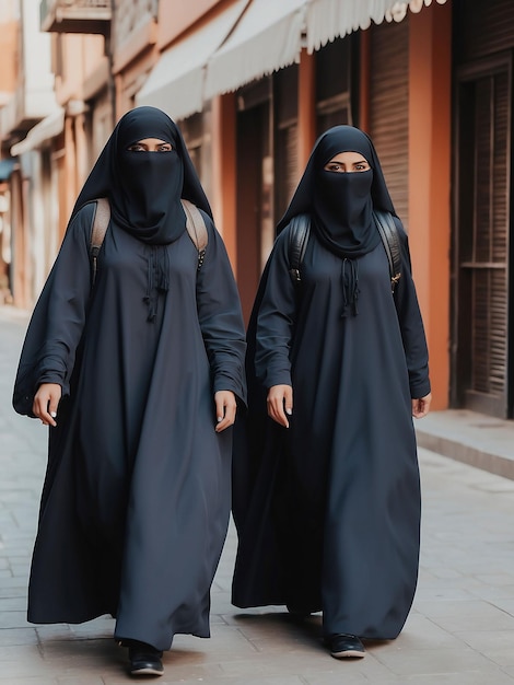 Photo two girls wearing burqas and wearing glasses are walking down the street