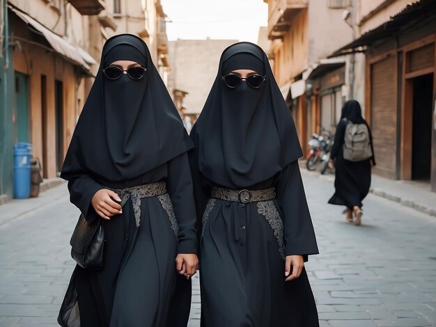 Two girls wearing burqas and wearing glasses are walking down the street