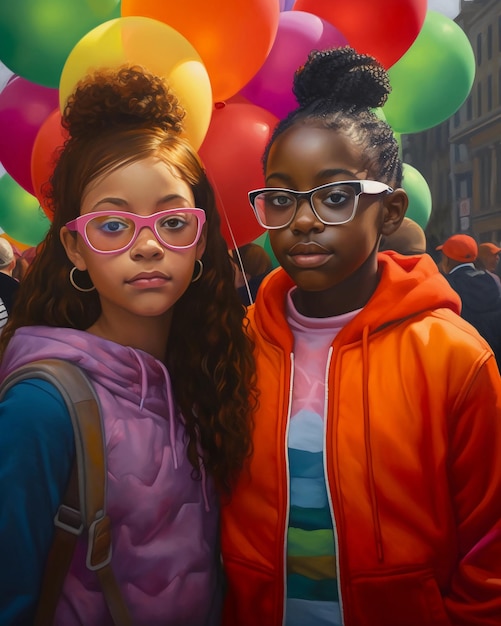 Two girls wearing glasses and one wearing a pink hoodie