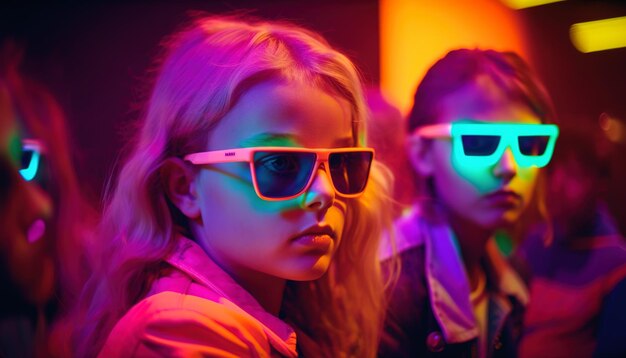 Two girls wearing glowing glasses