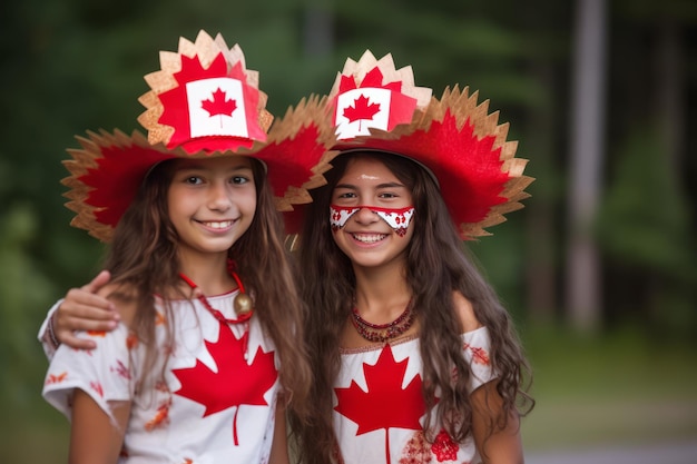 Two girls wearing hats with the canadian flag painted on them
