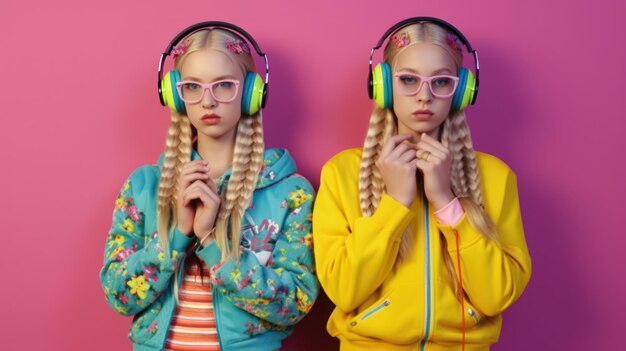 Two girls wearing headphones and a yellow jacket with pink letters that say's for the girl