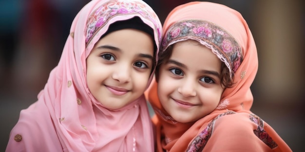 ヒジャブとピンクのスカーフを身に着けている 2 人の女の子