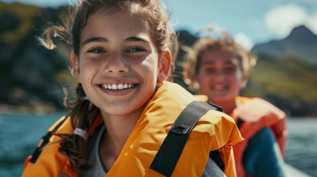 Photo two girls wearing life jackets on a boat adventure background
