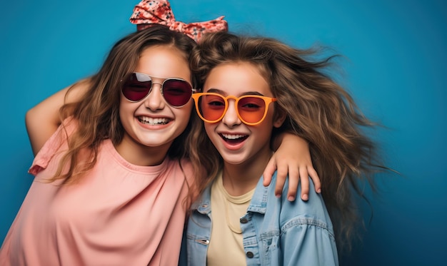 two girls wearing orange sunglasses and one wearing a pink shirt with a bow tie.