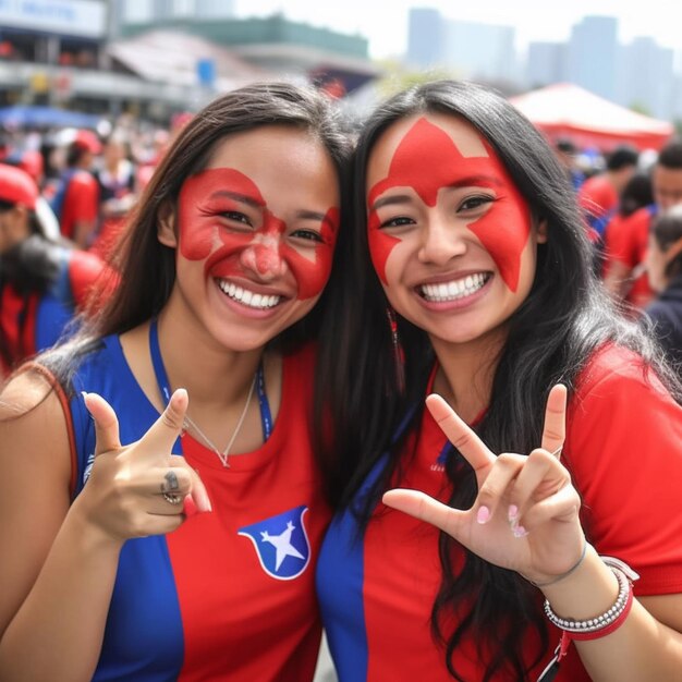 Two girls wearing red and blue jerseys with the word quot i039m on them quot