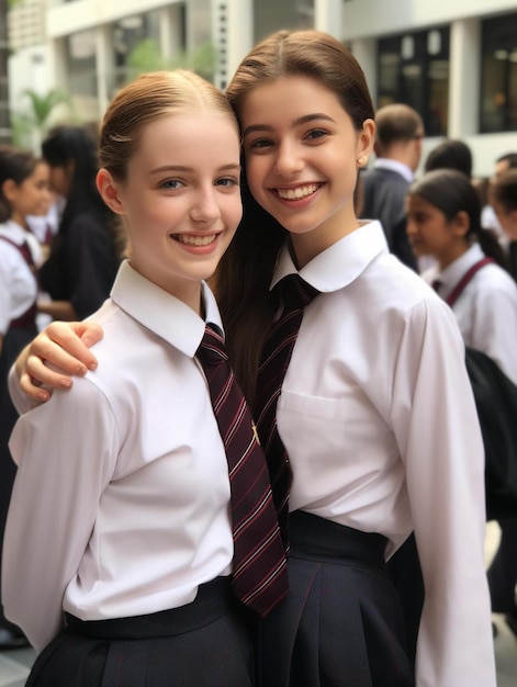 two girls wearing school uniforms with one wearing a tie.