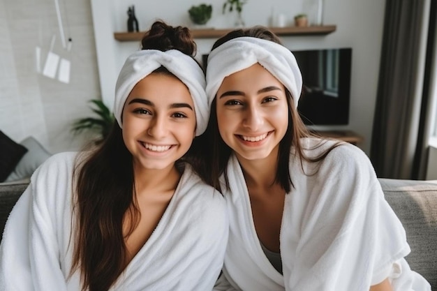 Photo two girls wearing white towels and one has a white headband on her head