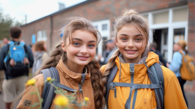 Two girls wearing yellow jackets and backpacks are smiling for the camera