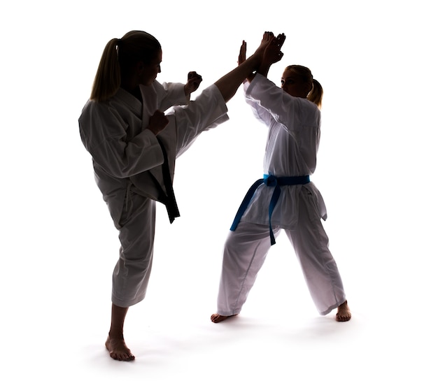 Two girls in white kimonos with black and blue belts, training and practicing karate stands and techniques