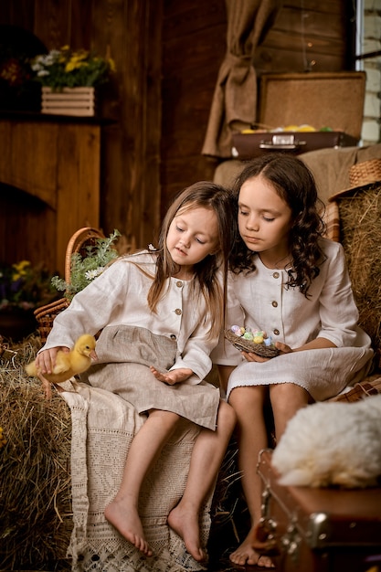 Two girls in white outfits with ducklings in the hay.