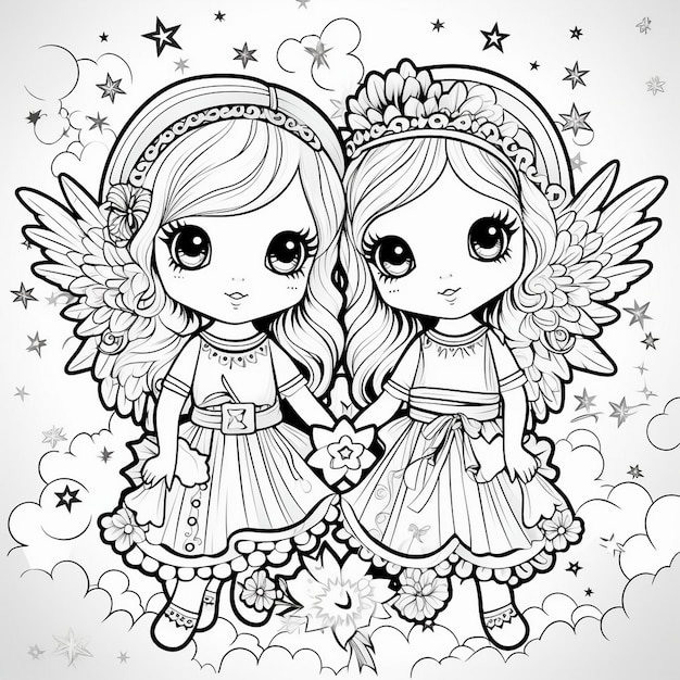 two girls with angel wings and a bow on their neck