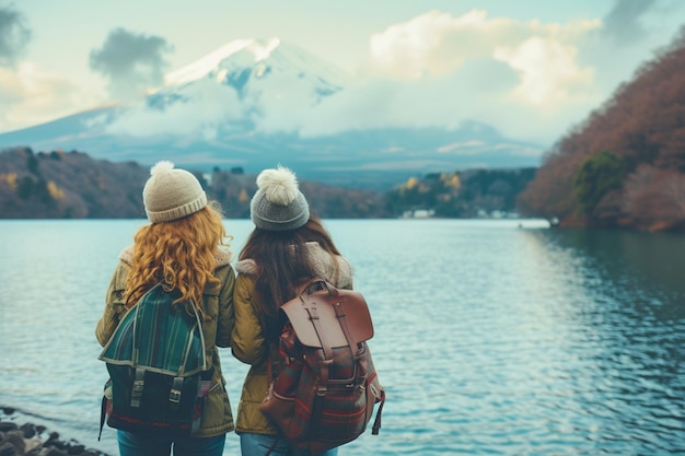 写真 バックパックを背負った2人の女の子が湖と山を背景に眺めている