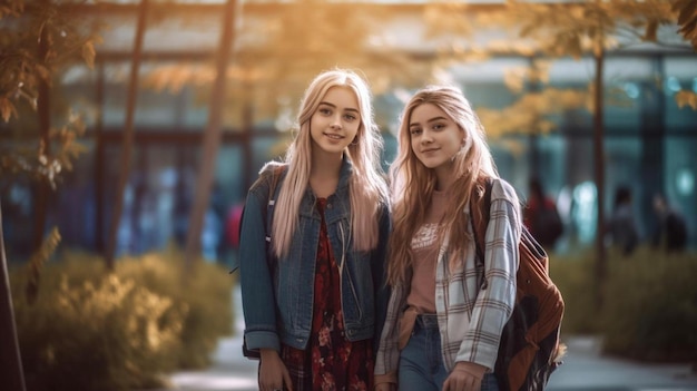 Two girls with backpacks standing in a park.