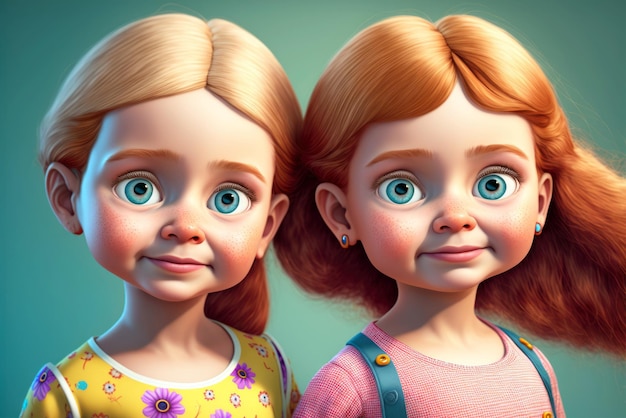 Two girls with big blue eyes are looking at the camera.