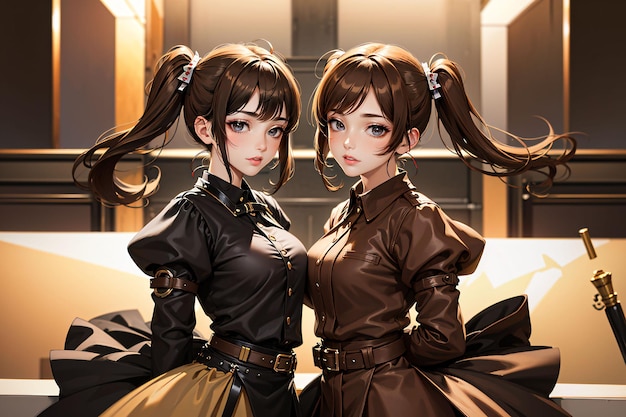 two girls with brown twintails