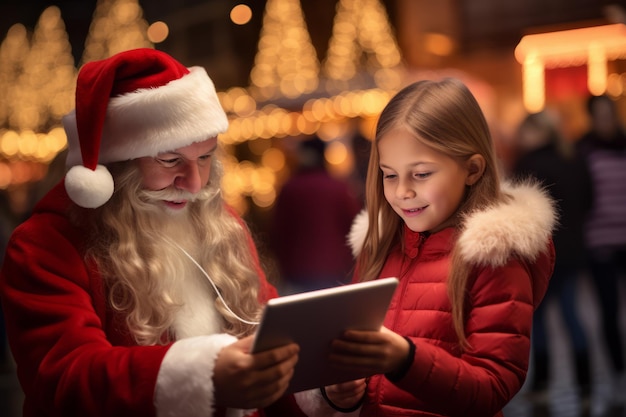 Two girls with the ipad taking pictures by a santa claus