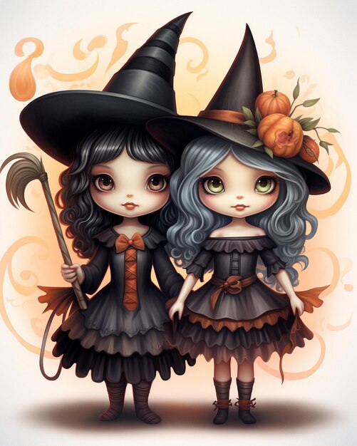긴 머리카락과 마녀 모자를 입은 두 소녀가 자루와 을 들고 있다.