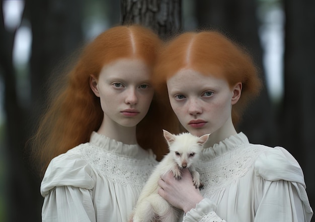 two girls with red hair and a white dog in their hands