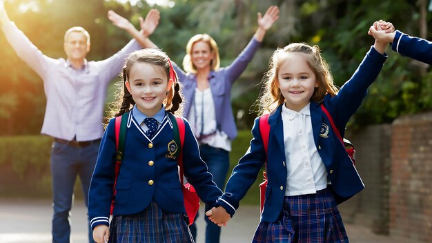 Photo two girls with school uniforms that say quot school quot