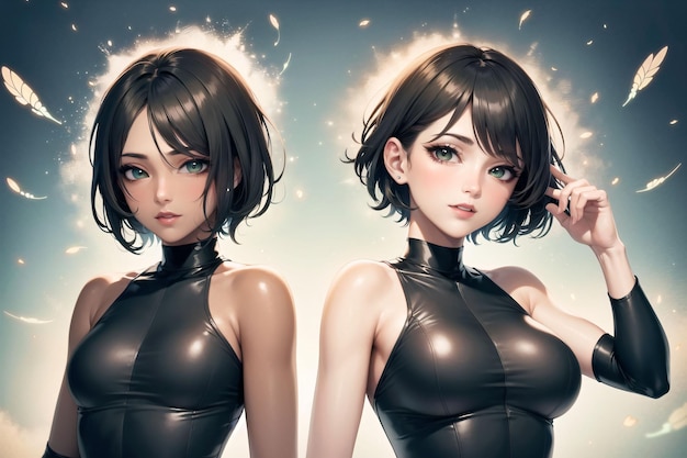 two girls with short hair wearing a black clothes