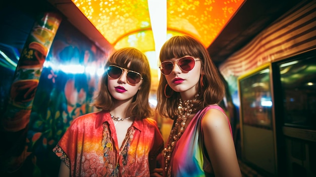 Two girls with sunglasses dressed in pop style partying