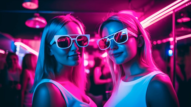 Two girls with sunglasses in a nightclub with neon lights