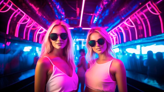 Two girls with sunglasses in a nightclub with neon lights