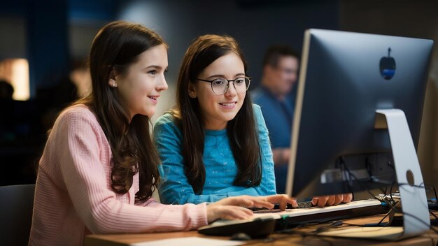 Photo two girls work on a computer