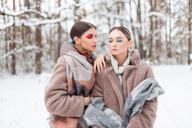 雪の自然の中で毛皮のコート、セーター、ヴィンテージのスカーフとファッショナブルな服を着た2人の魅力的な若い女の子モデル