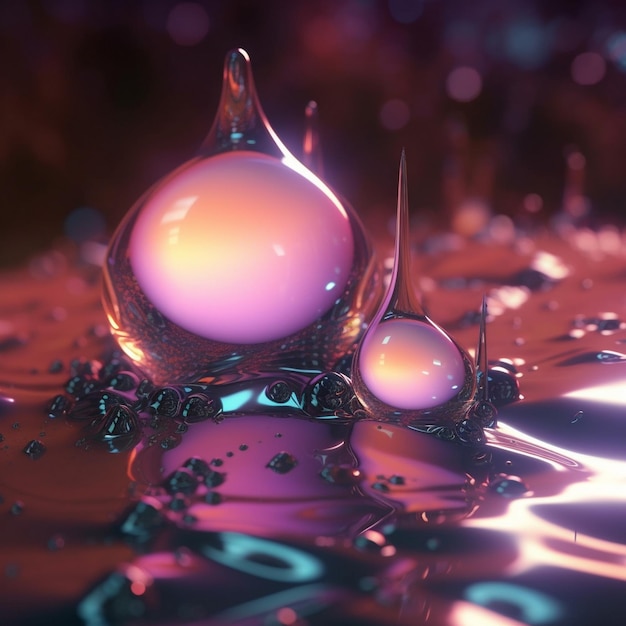 two glass balls are on a black surface with purple and pink water.