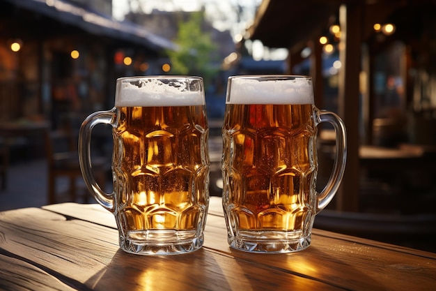 Two glass of beers on a wooden table outdoor