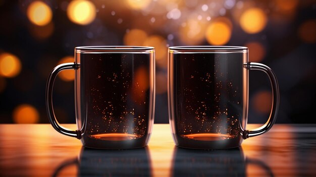 Photo two glass black mugs mockup against the background of blurred lights