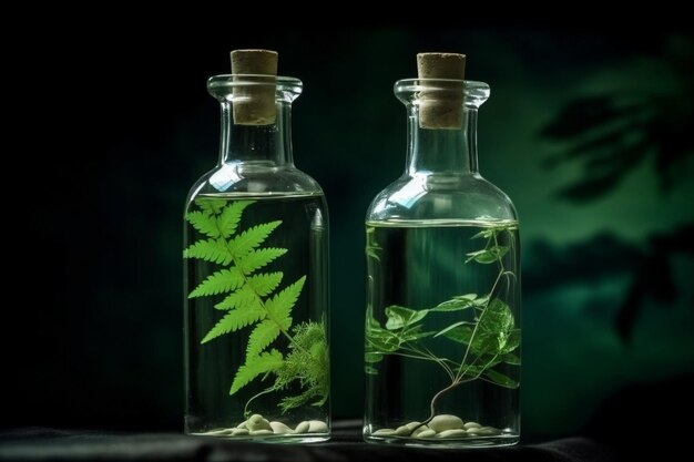 Two glass bottles with green ecosystem inside for research and study generative ai