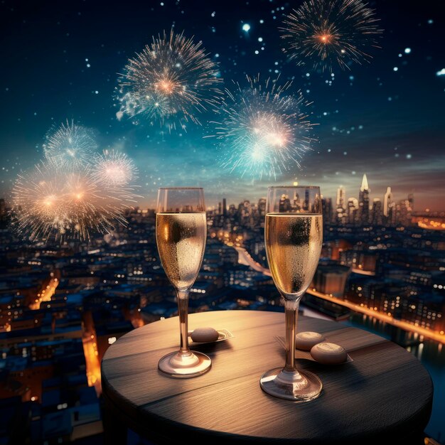 two glass of champagne celebrating with fireworks