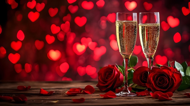 Two glass of champagne and red rose petals on table Valentines day concept