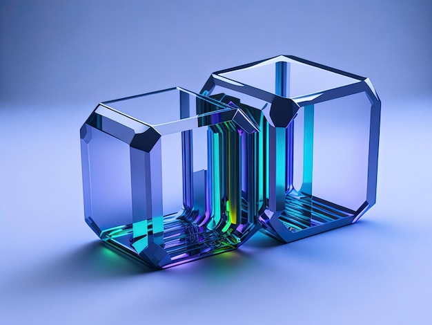 Two glass cubes are sitting on a blue surface.