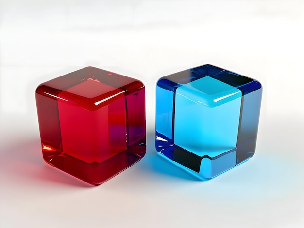 Фото Два стеклянных кубика синего и красного цвета на белом фоне фото высокого качества