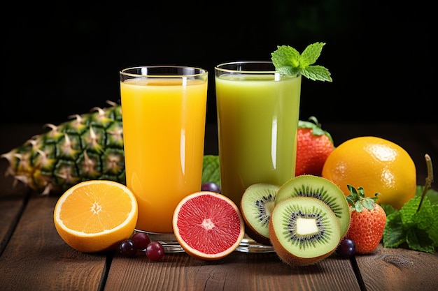 Two glass cups of fresh juices with slices of various fruits