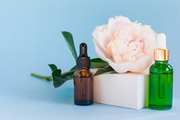 Two glass dropper bottles for medical and cosmetic use and white tender blossom peony flowers on a blue background. Skin care and SPA concept.