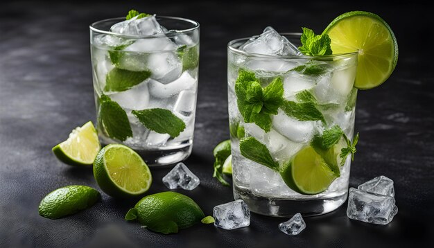 A two glass of fresh lemonade with lemon and mint isolated with black background