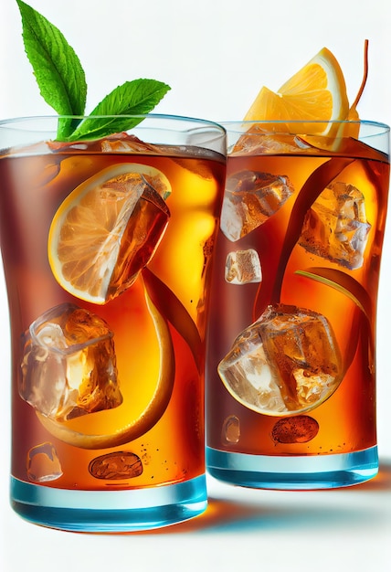 Two glass of iced tea on white background cold lemon juice