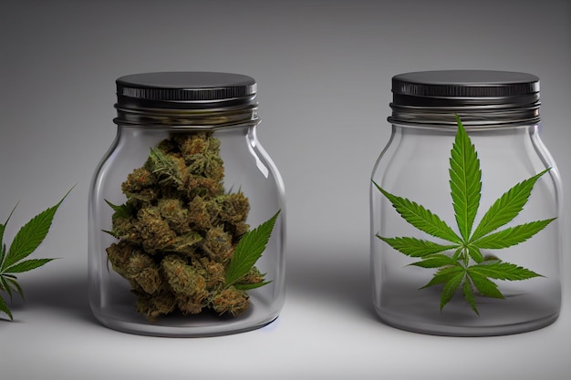 Two glass jars with the word cannabis on them