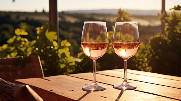 Два бокала розового вина на террасе, солнечная погода, вид на пейзаж виноградника